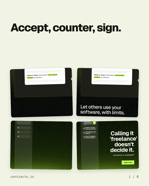 Carousel for contracts.io: "Accept, counter, sign.". Collection carousel, 8 slides, light palette.