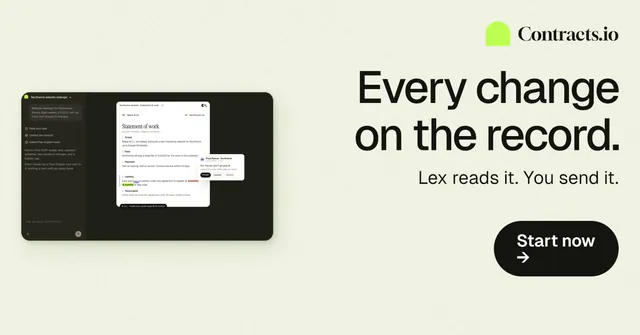 Social ad for contracts.io: "Every change on the record." Data card style, right layout, light palette in white, grey, green.