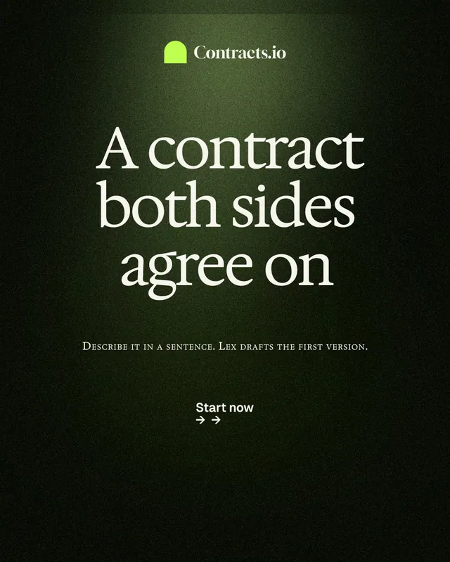 Instagram portrait post for contracts.io: "A contract both sides agree on". Dark deco style, smallcaps layout, dark palette in black, grey.