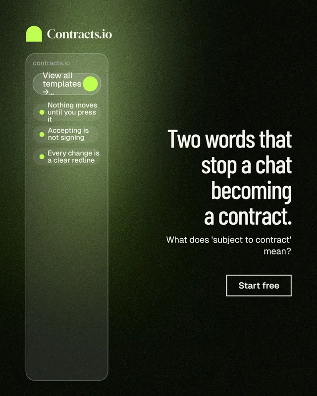 Instagram portrait post for contracts.io: "Two words that stop a chat becoming a contract." Dark deco style, right layout, dark palette in green, black.