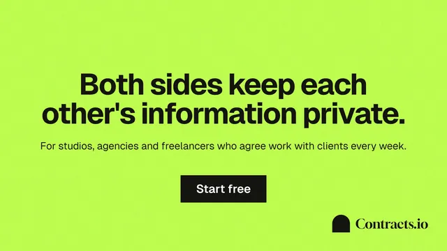 Landscape graphic for contracts.io: "Both sides keep each other's information private." Swiss style, centred layout, light palette in green.