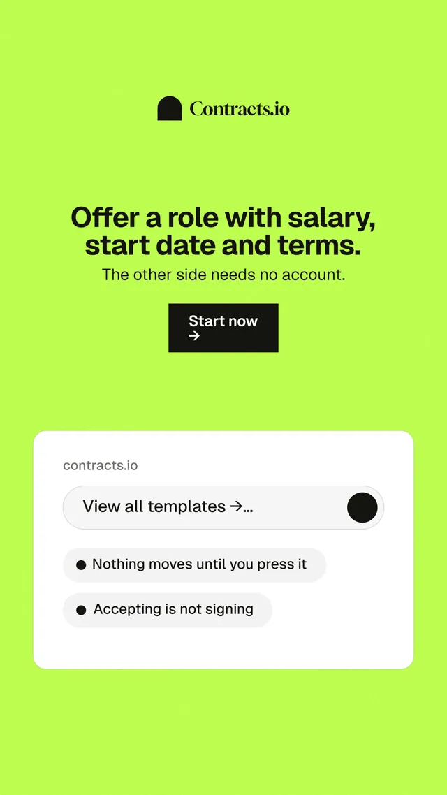 Instagram story for contracts.io: "Offer a role with salary, start date and terms." Swiss style, centred layout, light palette in green, white.