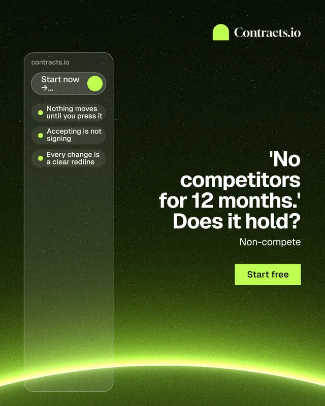 Instagram portrait post for contracts.io: "'No competitors for 12 months.' Does it hold?" Swiss style, right layout, dark palette in black, green.