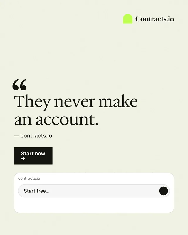 Instagram portrait post for contracts.io: "They never make an account." Swiss style, quote layout, light palette in white.