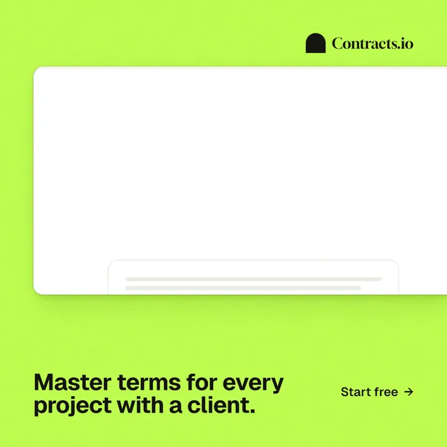 Instagram post for contracts.io: "Master terms for every project with a client." Swiss style, image led layout, light palette in green, white.