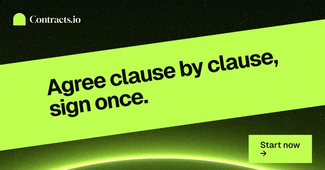 Social ad for contracts.io: "Agree clause by clause, sign once." Swiss style, diagonal layout, light palette in green, black.