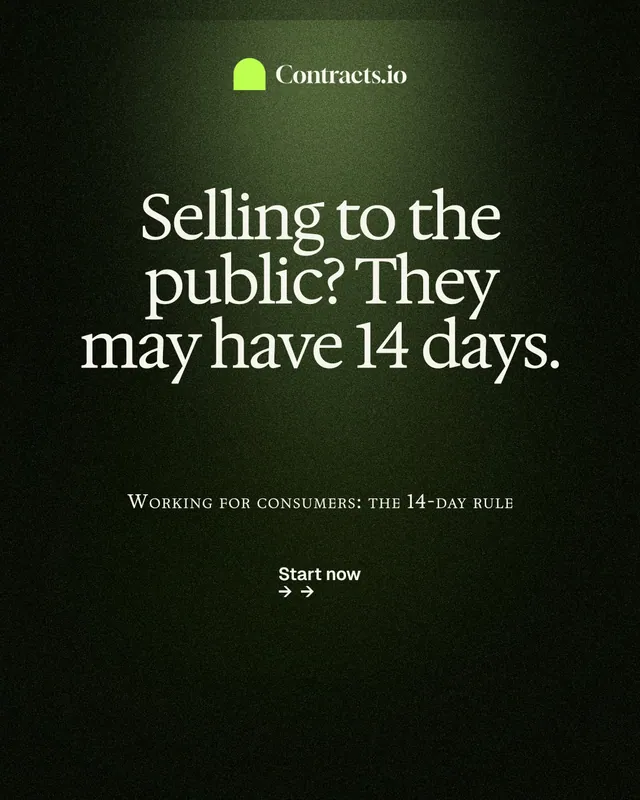 Instagram portrait post for contracts.io: "Selling to the public? They may have 14 days." Dark deco style, smallcaps layout, dark palette in black, grey.