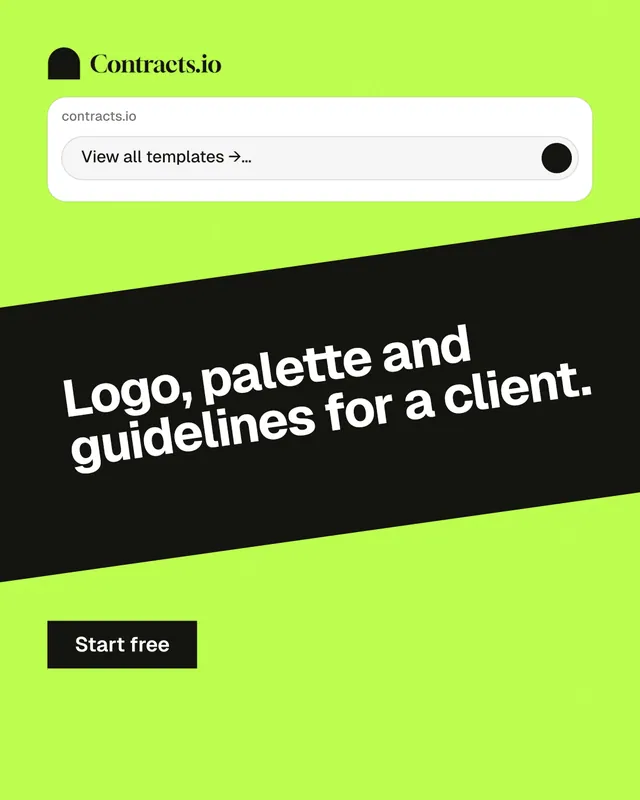 Instagram portrait post for contracts.io: "Logo, palette and guidelines for a client." Swiss style, diagonal layout, light palette in green, black.