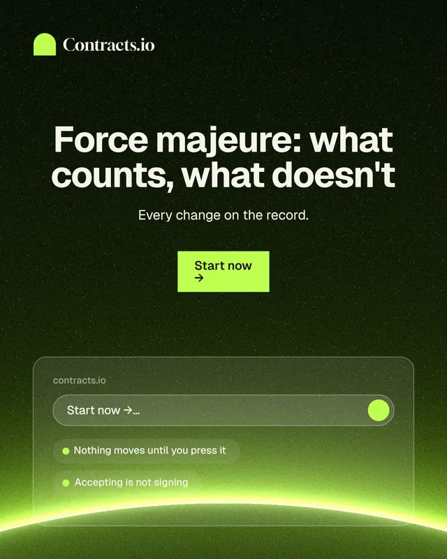 Instagram portrait post for contracts.io: "Force majeure: what counts, what doesn't". Swiss style, centred layout, dark palette in green, black.
