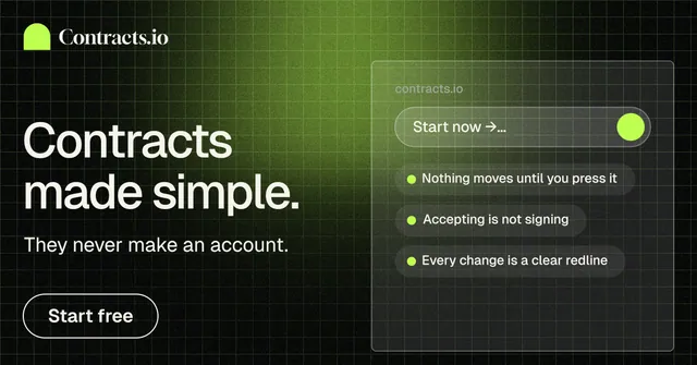 Social ad for contracts.io: "Contracts made simple." Phosphor atlas style, bottom layout, dark palette in black, green.
