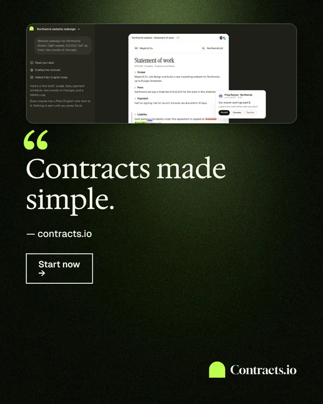 Instagram portrait post for contracts.io: "Contracts made simple." Dark deco style, quote layout, dark palette in black, grey.
