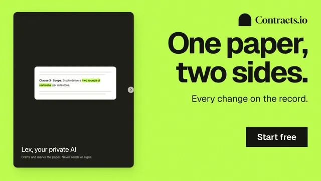 Landscape graphic for contracts.io: "One paper, two sides." Swiss style, right layout, light palette in black, green.
