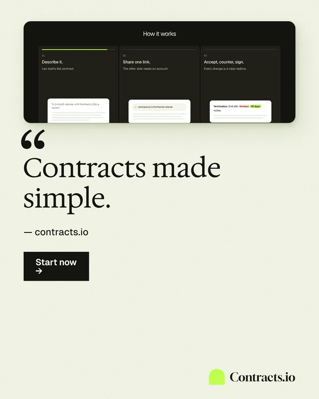 Instagram portrait post for contracts.io: "Contracts made simple." Swiss style, quote layout, light palette in white, grey, green.