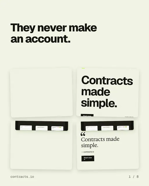 Carousel for contracts.io: "They never make an account.". Collection carousel, 8 slides, light palette.