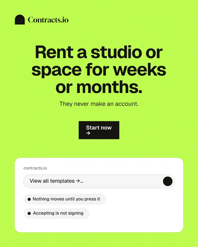Instagram portrait post for contracts.io: "Rent a studio or space for weeks or months." Swiss style, centred layout, light palette in green.