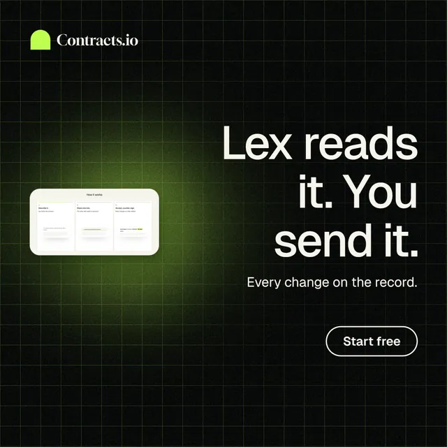 Instagram post for contracts.io: "Lex reads it. You send it." Phosphor atlas style, right layout, dark palette in black, grey.