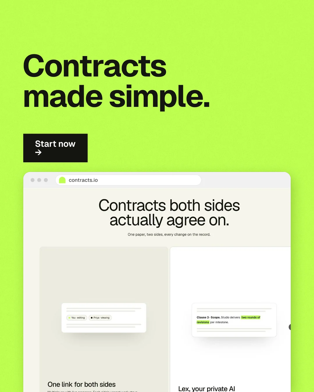 Instagram portrait post for contracts.io: "Contracts made simple." Swiss style, browser layout, light palette in green.