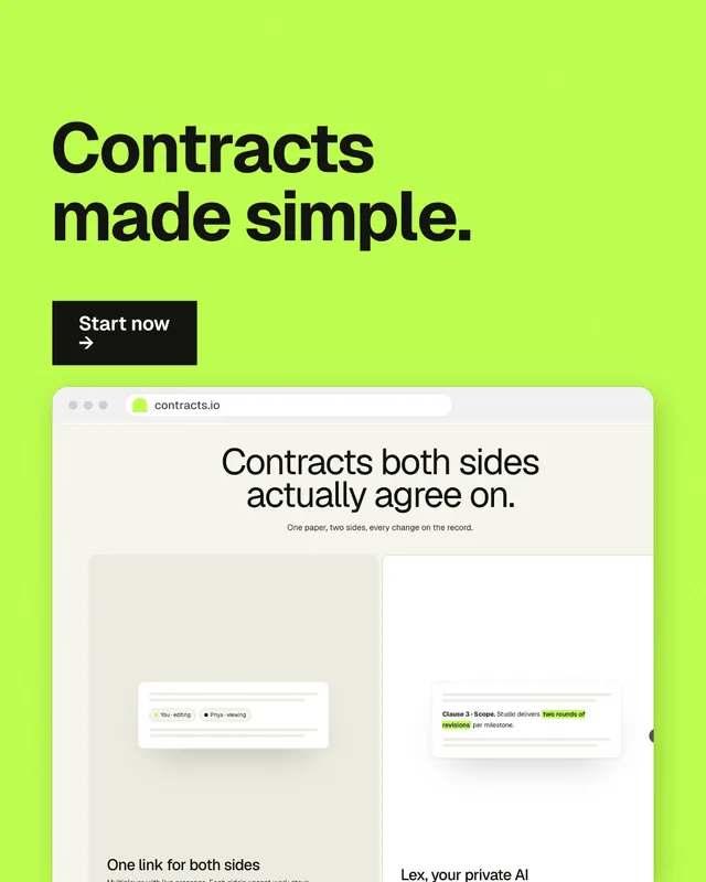 Instagram portrait post for contracts.io: "Contracts made simple." Swiss style, browser layout, light palette in green.