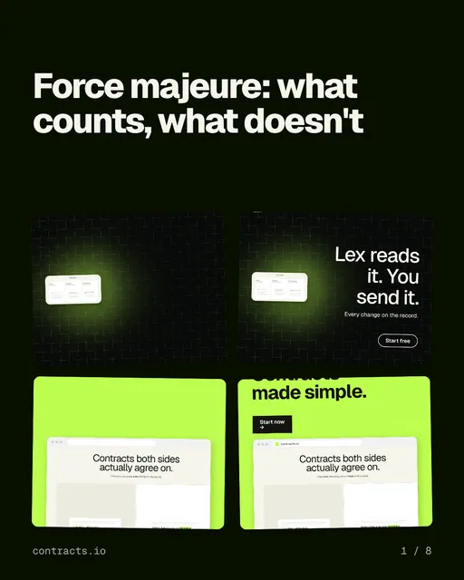 Carousel for contracts.io: "Force majeure: what counts, what doesn't". Collection carousel, 8 slides, dark palette.