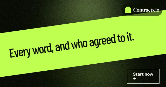Social ad for contracts.io: "Every word, and who agreed to it." Dark deco style, diagonal layout, light palette in green, black.