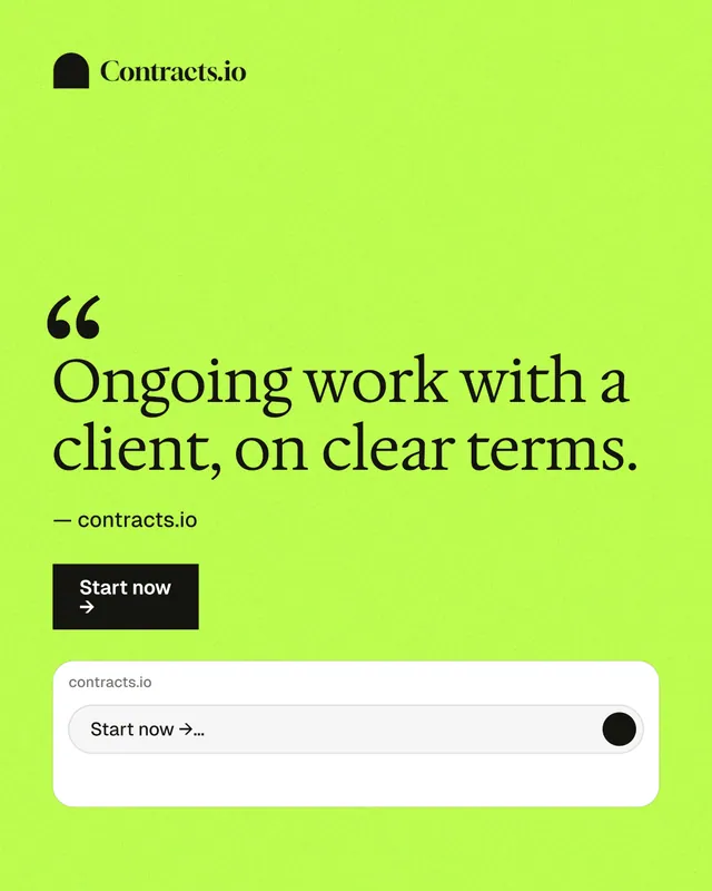 Instagram portrait post for contracts.io: "Ongoing work with a client, on clear terms." Swiss style, quote layout, light palette in green.