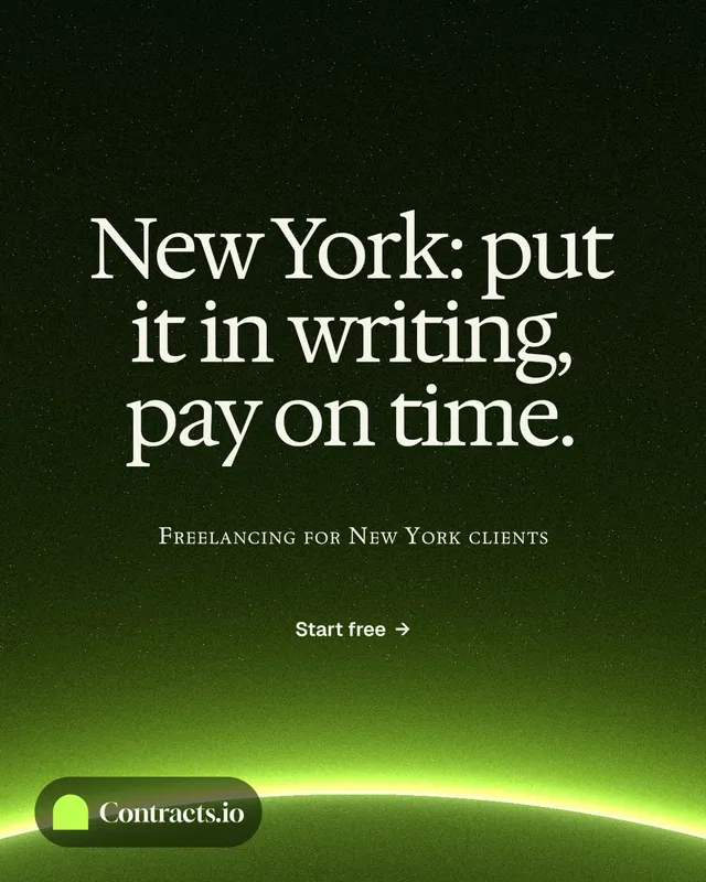 Instagram portrait post for contracts.io: "New York: put it in writing, pay on time." Swiss style, smallcaps layout, dark palette in black, green.