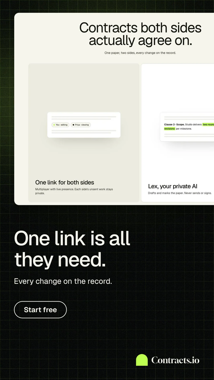 Instagram story for contracts.io: "One link is all they need." Phosphor atlas style, bottom layout, light palette in white, black.