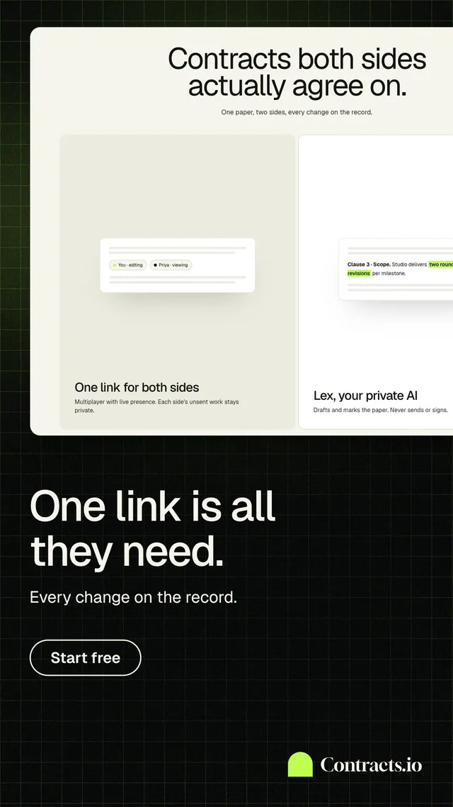 Instagram story for contracts.io: "One link is all they need." Phosphor atlas style, bottom layout, light palette in white, black.