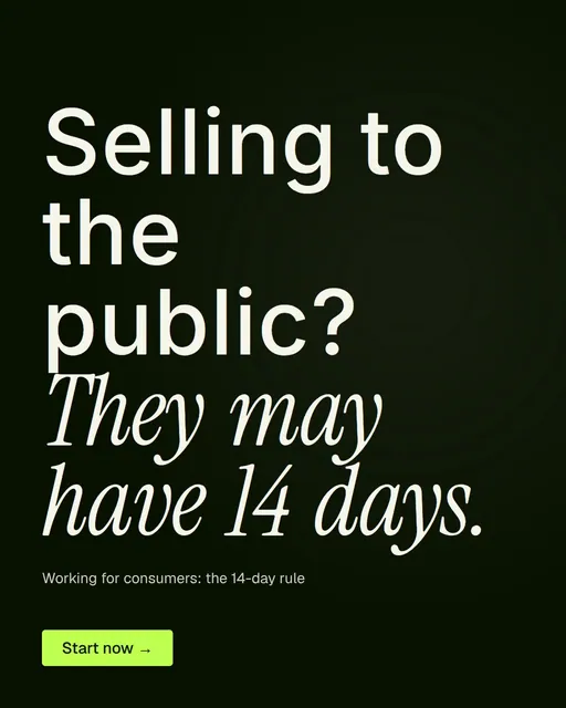 Video for contracts.io: "Selling to the public? They may have 14 days.". Kinetic type grid, 6.0 s, dark palette.