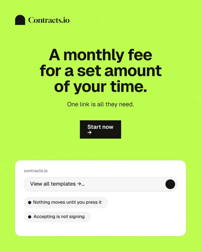 Instagram portrait post for contracts.io: "A monthly fee for a set amount of your time." Swiss style, centred layout, light palette in green, white.