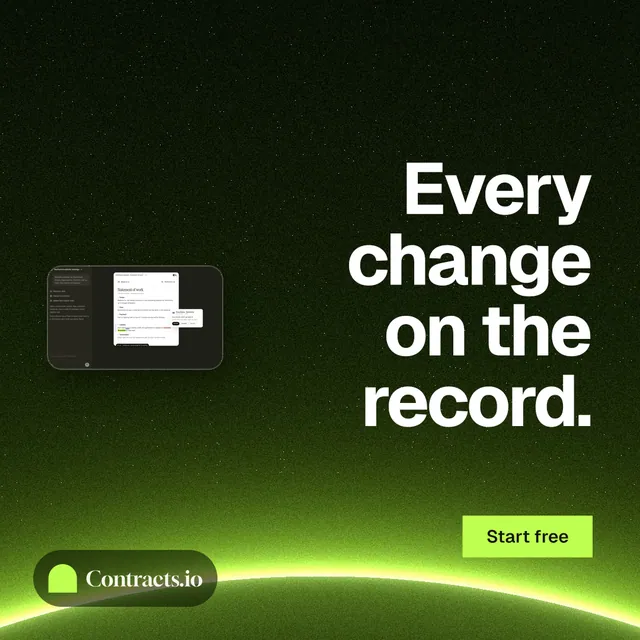 Instagram post for contracts.io: "Every change on the record." Swiss style, right layout, dark palette in green, black.