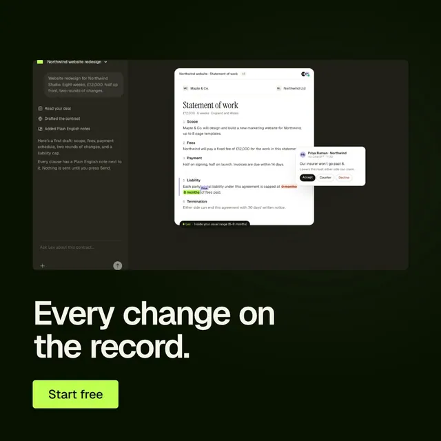 Video for contracts.io: "Every change on the record.". Doc motion loop, 6.0 s, dark palette.