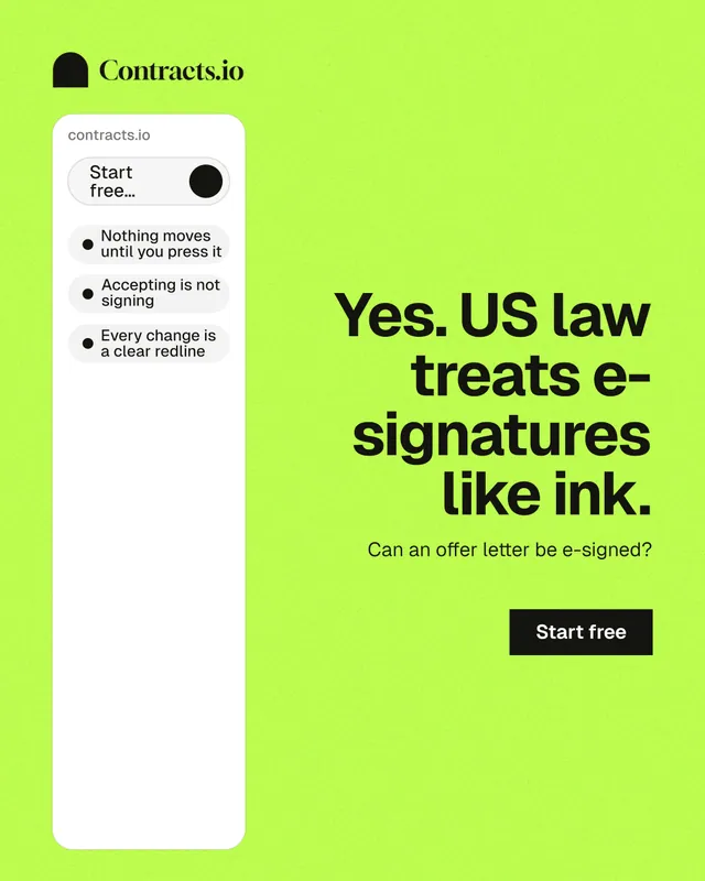 Instagram portrait post for contracts.io: "Yes. US law treats e-signatures like ink." Swiss style, right layout, light palette in green.