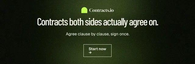 X header for contracts.io: "Contracts both sides actually agree on." Dark deco style, centred layout, dark palette in black, green.