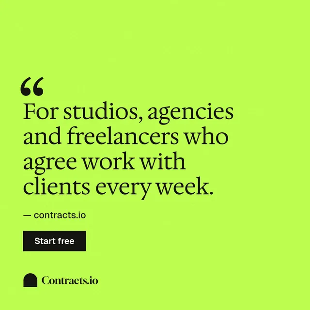 Instagram post for contracts.io: "For studios, agencies and freelancers who agree work with clients every week." Swiss style, quote layout, light palette in green.