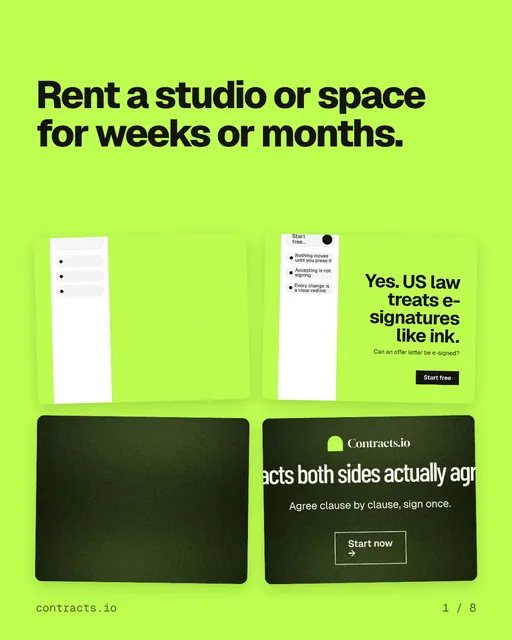 Carousel for contracts.io: "Rent a studio or space for weeks or months.". Collection carousel, 8 slides, light palette.