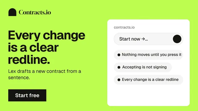 Landscape graphic for contracts.io: "Every change is a clear redline." Swiss style, bottom layout, light palette in green.