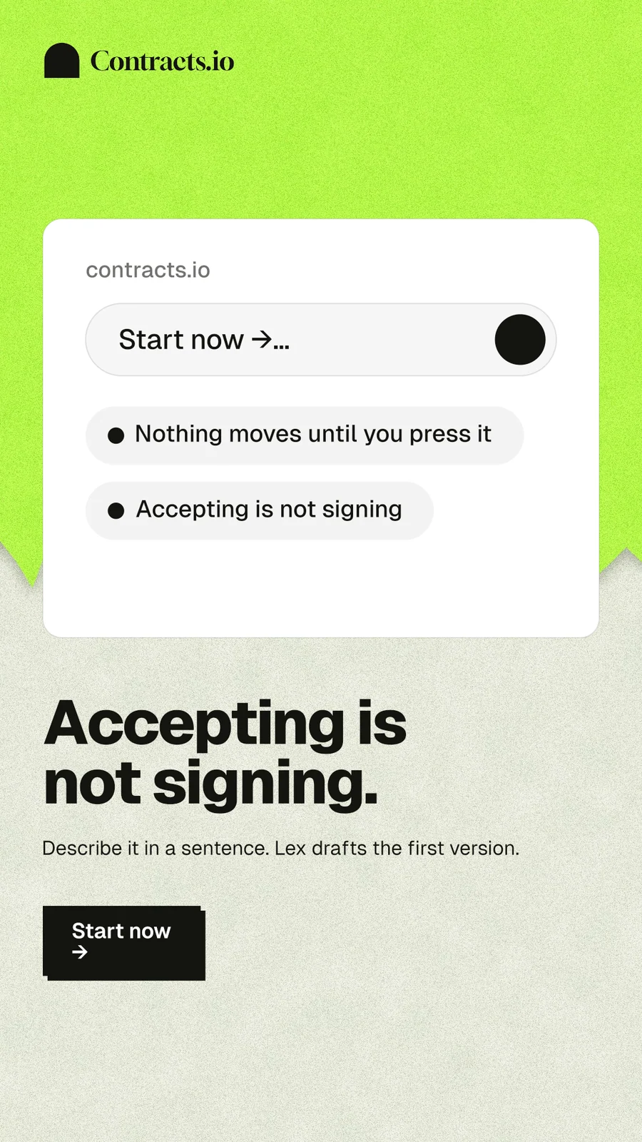Instagram story for contracts.io: "Accepting is not signing." Paper trio style, bottom layout, light palette in green, white, grey.