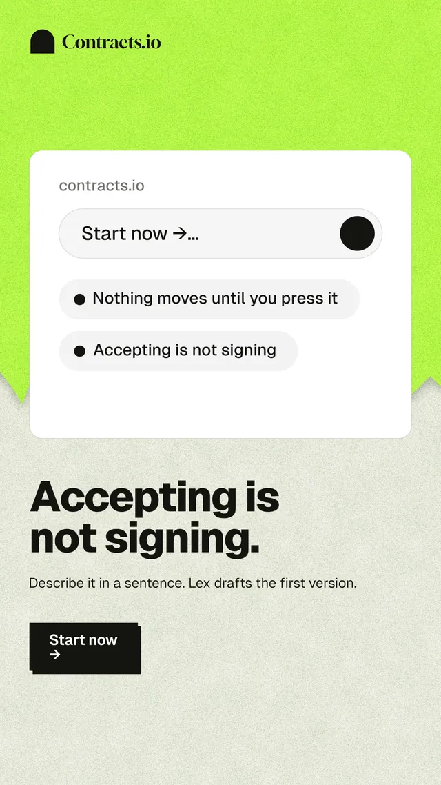 Instagram story for contracts.io: "Accepting is not signing." Paper trio style, bottom layout, light palette in green, white, grey.