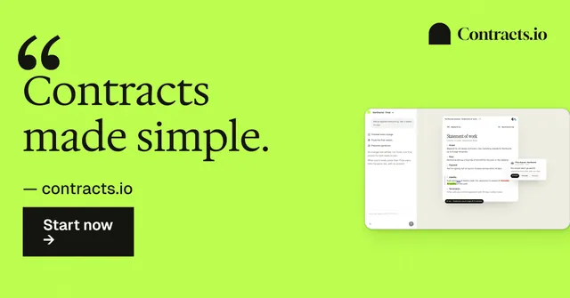 Social ad for contracts.io: "Contracts made simple." Swiss style, quote layout, light palette in green.
