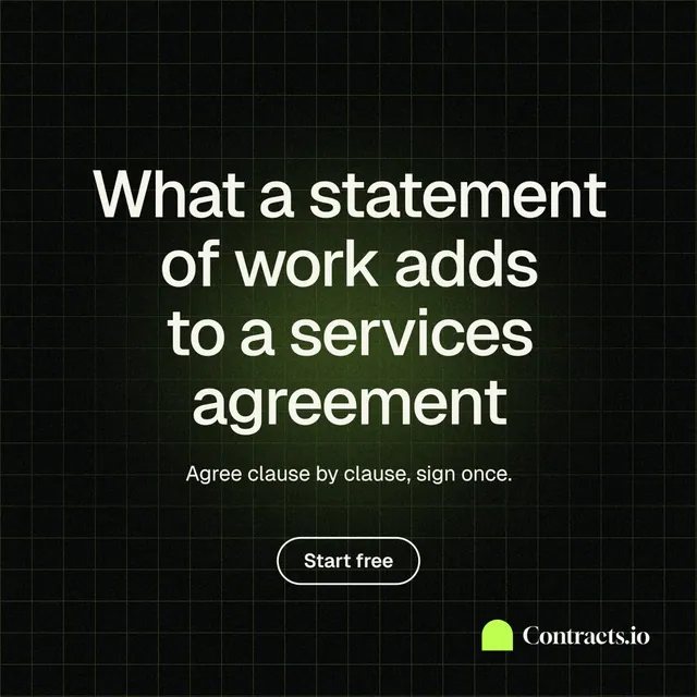 Instagram post for contracts.io: "What a statement of work adds to a services agreement". Phosphor atlas style, centred layout, dark palette in black, grey.