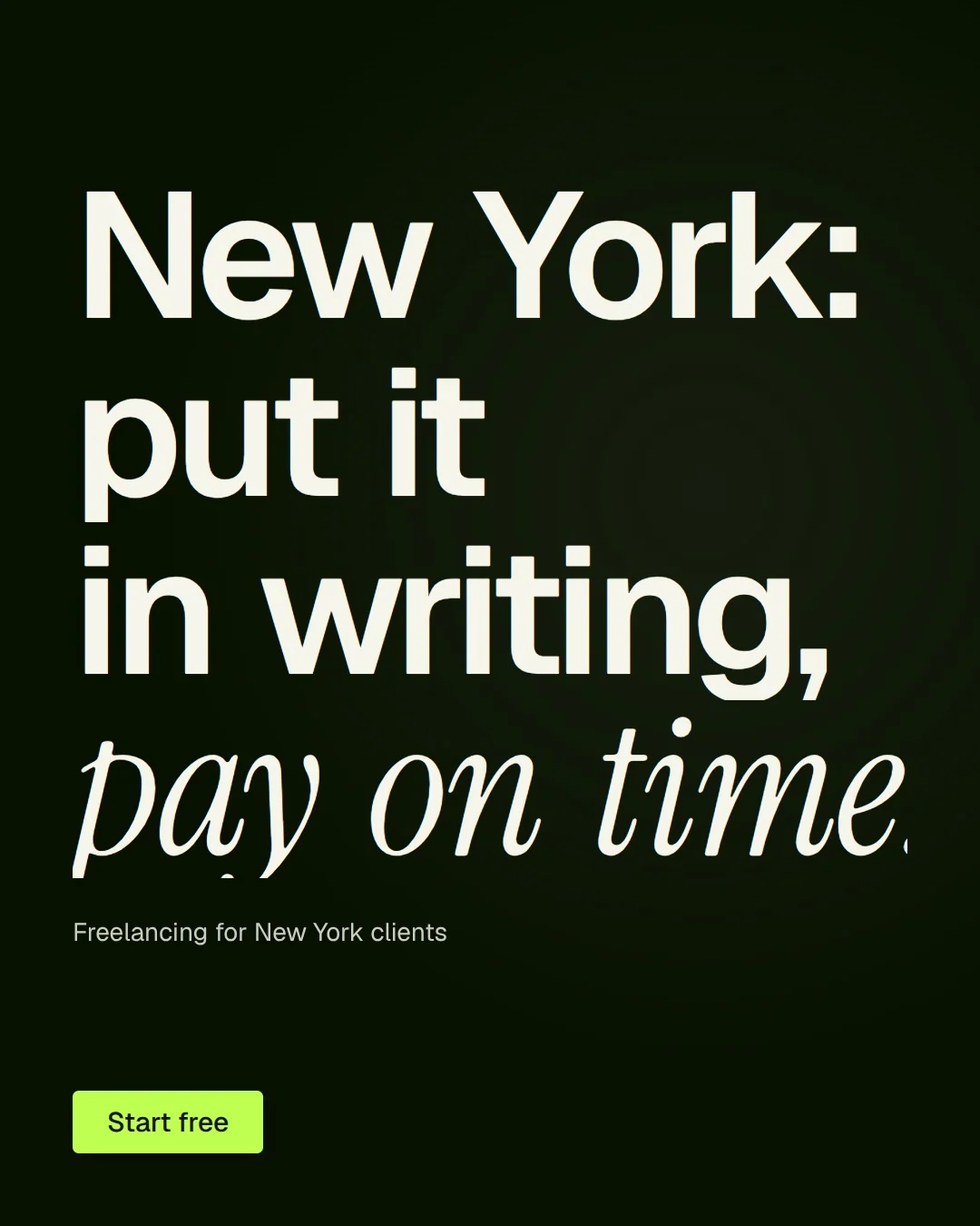 Video for contracts.io: "New York: put it in writing, pay on time.". Doc motion loop, 8.0 s, dark palette.