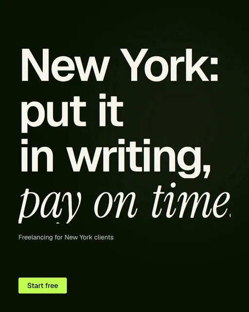 Video for contracts.io: "New York: put it in writing, pay on time.". Doc motion loop, 8.0 s, dark palette.