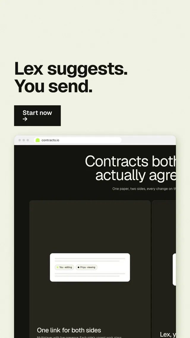 Instagram story for contracts.io: "Lex suggests. You send." Swiss style, browser layout, light palette in white, black, green.
