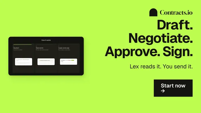 Landscape graphic for contracts.io: "Draft. Negotiate. Approve. Sign." Swiss style, right layout, light palette in green.
