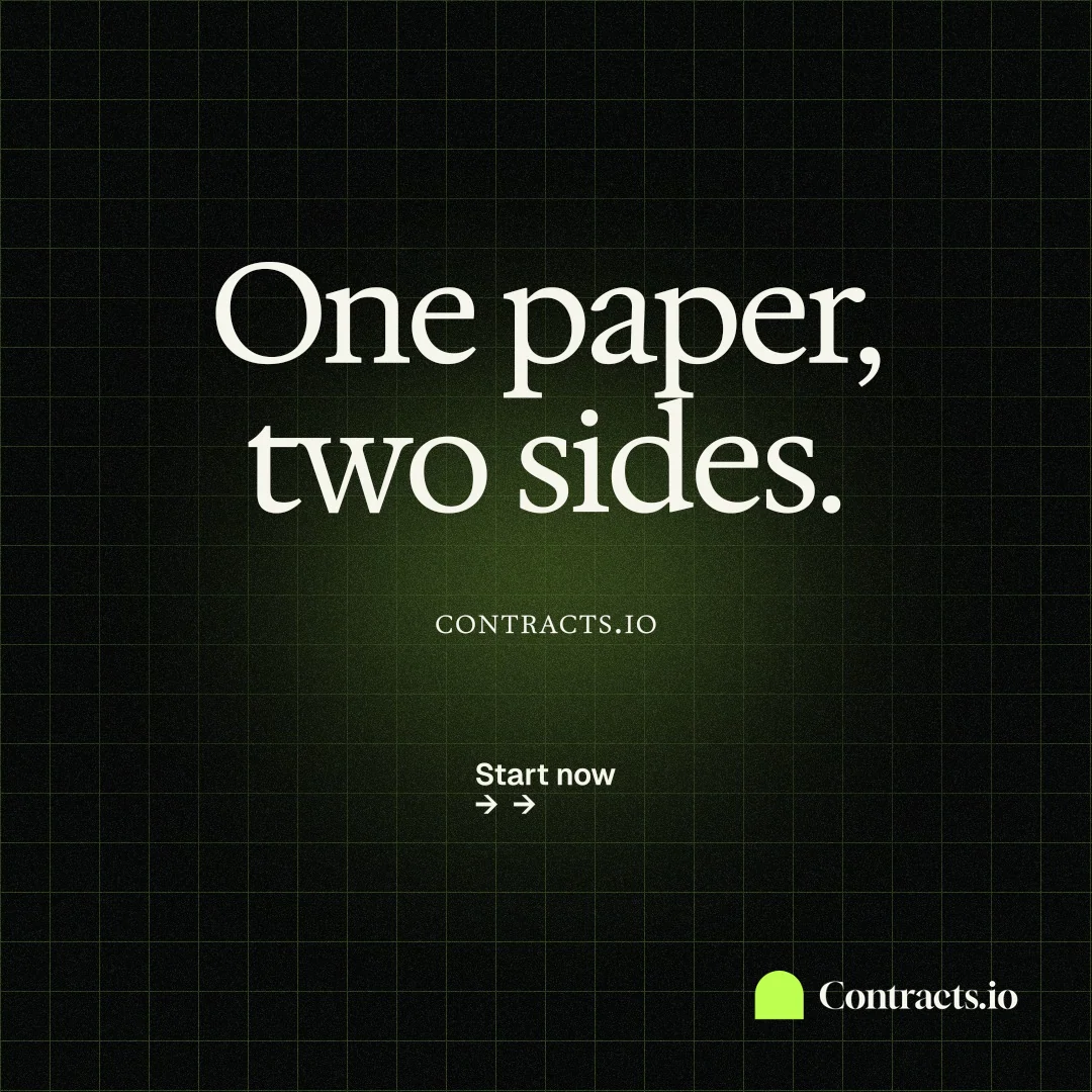 Instagram post for contracts.io: "One paper, two sides." Phosphor atlas style, smallcaps layout, dark palette in black.