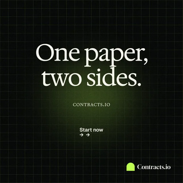 Instagram post for contracts.io: "One paper, two sides." Phosphor atlas style, smallcaps layout, dark palette in black.