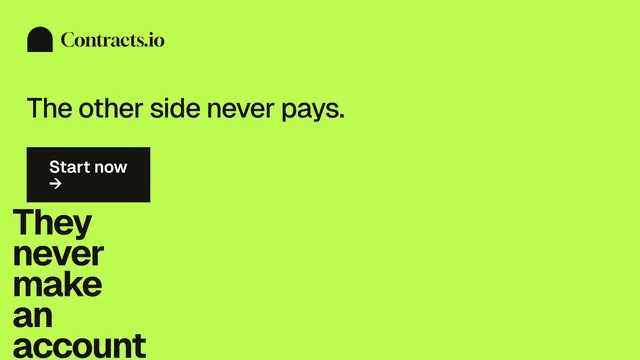 Landscape graphic for contracts.io: "They never make an account." Swiss style, oversized layout, light palette in green.