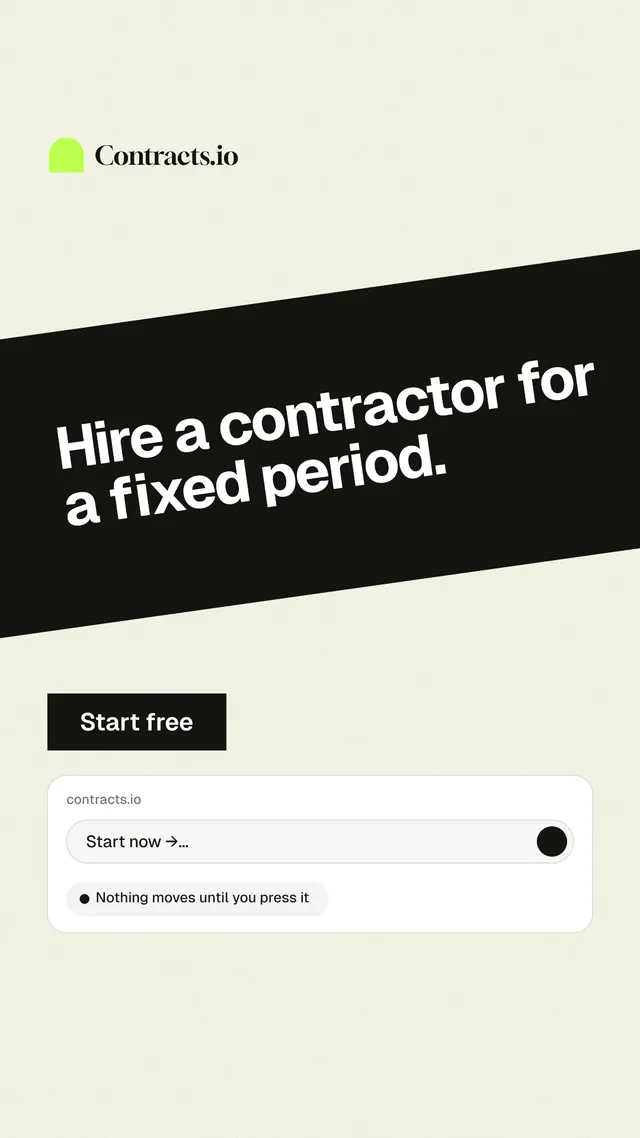 Instagram story for contracts.io: "Hire a contractor for a fixed period." Swiss style, diagonal layout, light palette in white, black, grey.