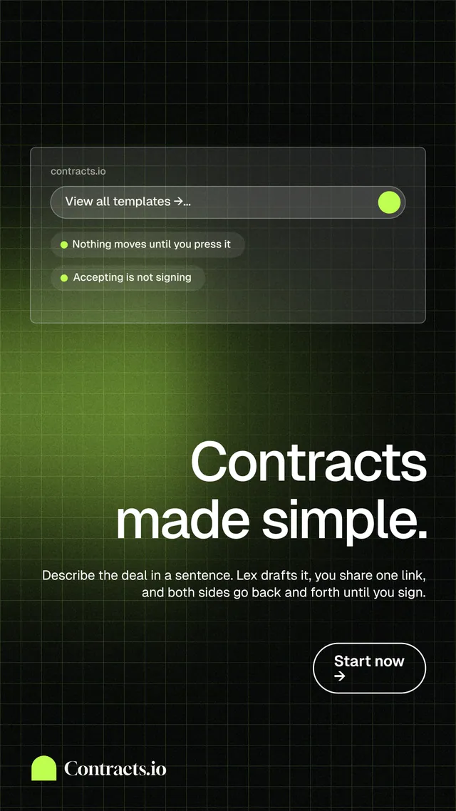 Instagram story for contracts.io: "Contracts made simple." Phosphor atlas style, right layout, dark palette in black, green.